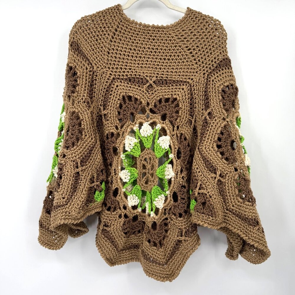 Handknit Crochet Poncho For Women/ Green and Brown Rustic Boho Crochet Shawl Han